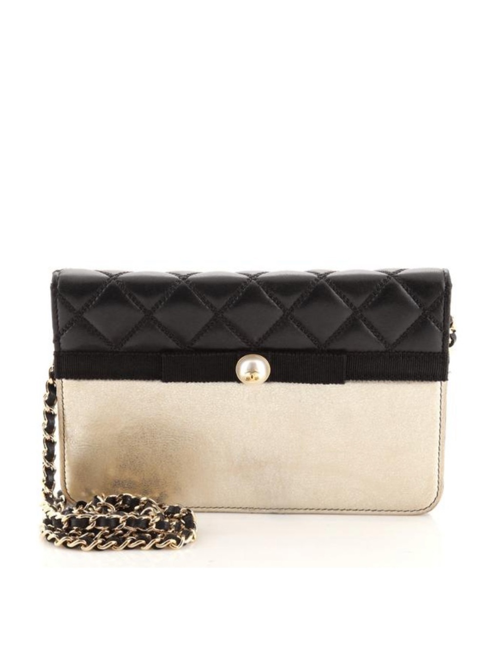 Chanel Black and Gold Quilted wallet on chain with pearl CC accent and chain